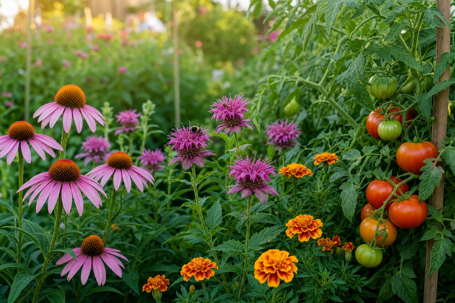Companion Plants That Bring Pollinators to Your Tomatoes (Bee Balm, Echinacea, Marigold)