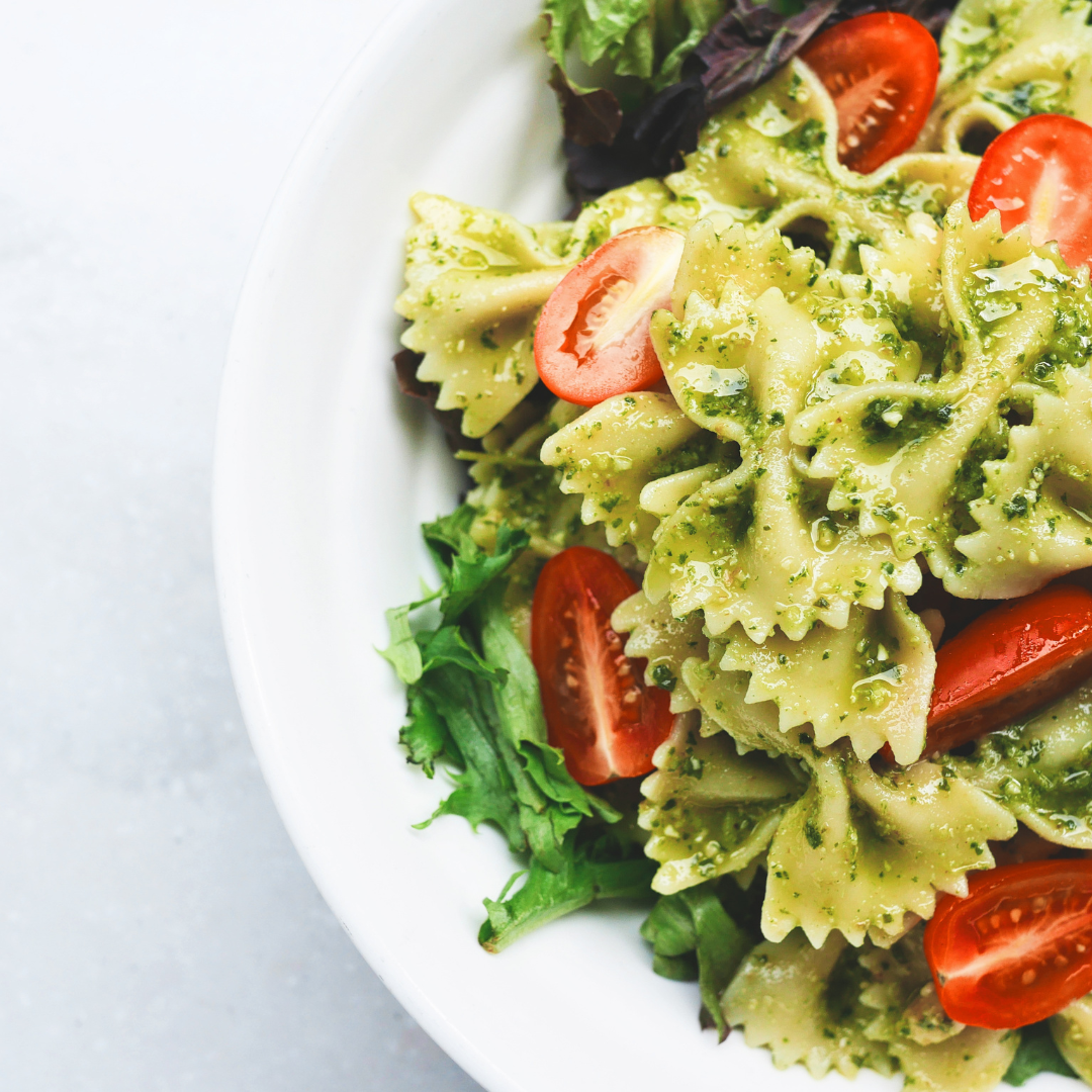 Pesto pasta salad in a dish
