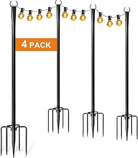 4 Pack 10Ft String Light Poles for Outside, Thickened Metal Lights Hanger Pole Outdoor with Fork, Li