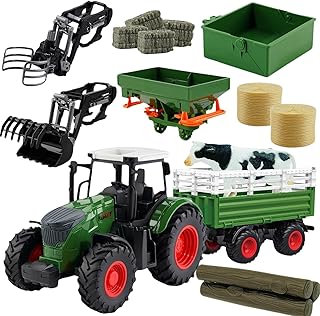 Farm Toys Tractor with Trailer-16.5 Inches Tractor Playset 1/24 Scale Gripper Frontloader Spreader f