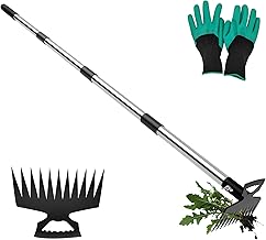 Weeding Puller Tool with Long Handle, 11 Tooth Manual Weed Rake Weeder Remover Tool Gardening with G