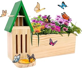 Butterfly House and Feeder with Flower Pot, Wooden Butterfly House for Garden, 3 in 1 with Drainage 