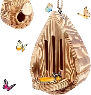 Wooden Butterfly House and Feeder, Hanging Butterfly House for Garden, Natural Butterfly Habitat wit