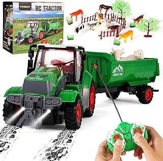 Remote Control Tractor Toys, RC Tractor Set with Trailer/Farm Animals/Fences/Light, Farm Vehicle Toy