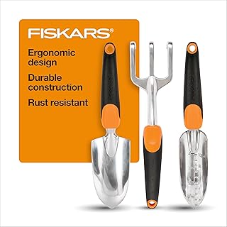 Fiskars 3-in-1 Garden Tool Set, Polished Cast-Aluminum Heads for Rust Resistance, Heavy-Duty Trowel,