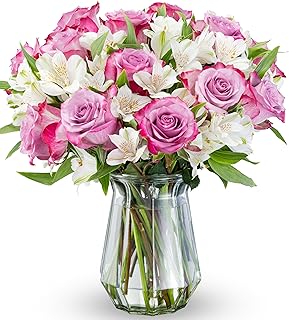 Benchmark Bouquets - Delightful Roses & Alstroemeria (Glass Vase Included) - Fresh Flowers for Deliv